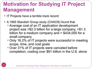 Motivation for Studying IT Project Management IT Projects have a terrible track record A 1995 Standish Group study (CHAOS) found that  Average cost of an IT application development project was >$2.3 billion for a large company, >$1.3 billion for a medium company and > $434,000 for a small company Only 16.2% of IT projects were successful in meeting scope, time, and cost goals Over 31% of IT projects were canceled before completion, costing over $81 billion in the U.S. alone Information Technology Project Management, Fifth Edition, Copyright 2007  