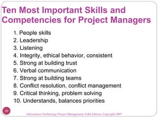 Ten Most Important Skills and Competencies for Project Managers Information Technology Project Management, Fifth Edition, ...