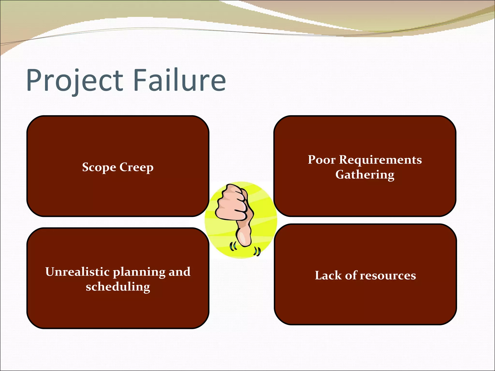 Project Failure Scope Creep Poor Requirements Gathering Unrealistic planning and scheduling Lack of resources 
