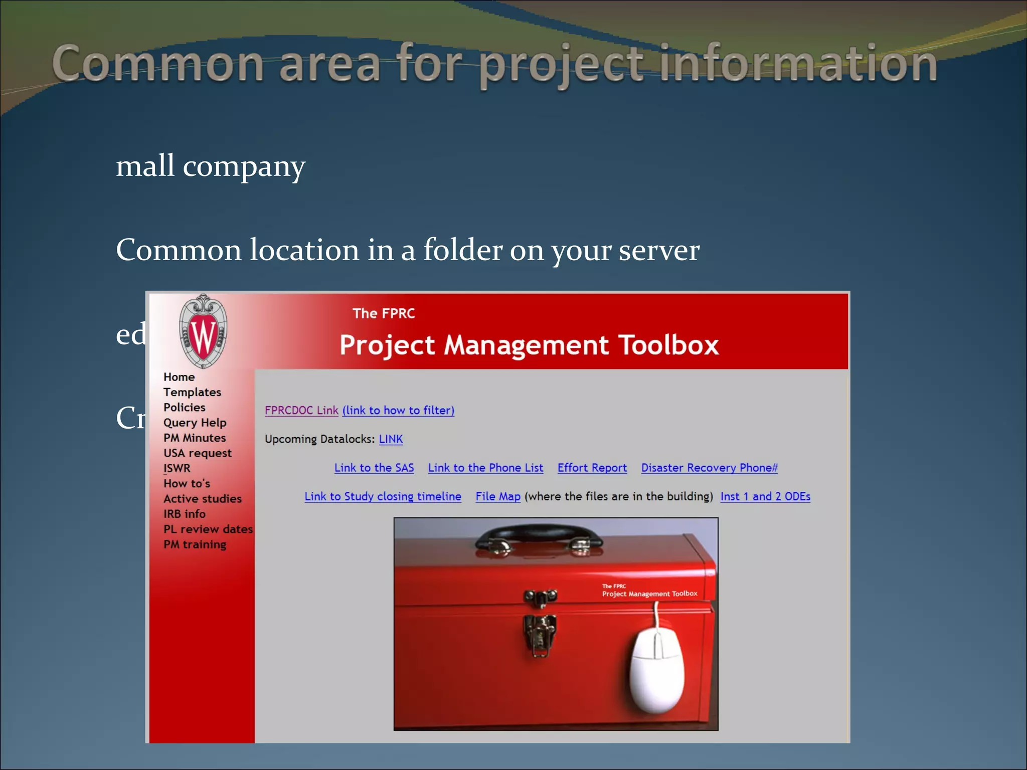 Small company Common location in a folder on your server Medium Company Create your own website with project information 
