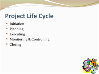 Project Life Cycle Initiation Planning Executing Monitoring & Controlling Closing 