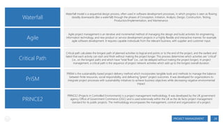 Waterfall

Waterfall model is a sequential design process, often used in software development processes, in which progress is seen as flowing
steadily downwards (like a waterfall) through the phases of Conception, Initiation, Analysis, Design, Construction, Testing,
Production/Implementation, and Maintenance.

Agile

Agile project management is an iterative and incremental method of managing the design and build activities for engineering,
information technology, and new product or service development projects in a highly flexible and interactive manner, for example
agile software development. It requires capable individuals from the relevant business, with supplier and customer input.

Critical Path

Critical path calculates the longest path of planned activities to logical end points or to the end of the project, and the earliest and
latest that each activity can start and finish without making the project longer. This process determines which activities are "critical"
(i.e., on the longest path) and which have "total float" (i.e., can be delayed without making the project longer). In project
management, a critical path is the sequence of project network activities which add up to the longest overall duration.

PriSM

PRISM is the sustainability based project delivery method which incorporates tangible tools and methods to manage the balance
between finite resources, social responsibility, and delivering “green” project outcomes. It was developed for organizations to
integrate project processes with sustainability initiatives to achieve business objectives while decreasing negative environmental
impact.

PRINCE2

PRINCE2 (Projects in Controlled Environments) is a project management methodology. It was developed by the UK government
agency Office of Government Commerce (OGC) and is used extensively within the UK as the de facto project management
standard for its public projects. The methodology encompasses the management, control and organization of a project.

PROJECT MANAGEMENT

28

 