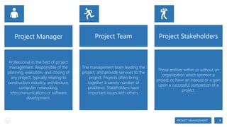 👤👤

🏃🏃

💃💃

Project Manager

Project Team

Project Stakeholders

Professional in the field of project
management. Responsible of the
planning, execution, and closing of
any project, typically relating to
construction industry, architecture,
computer networking,
telecommunications or software
development.

The management team leading the
project, and provide services to the
project. Projects often bring
together a variety number of
problems. Stakeholders have
important issues with others.

Those entities within or without an
organization which sponsor a
project or, have an interest or a gain
upon a successful completion of a
project.

PROJECT MANAGEMENT

8

 