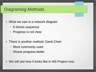 Diagraming Methods
● What we saw is a network diagram
– It shows sequence
– Progress is not clear
● There is another method: Gantt Chart
– More commonly used
– Shows progress better
● We will see how it looks like in MS Project now.
 