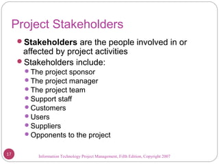 Information Technology Project Management, Fifth Edition, Copyright 2007
Project Stakeholders
Stakeholders are the people involved in or
affected by project activities
Stakeholders include:
The project sponsor
The project manager
The project team
Support staff
Customers
Users
Suppliers
Opponents to the project
17
 