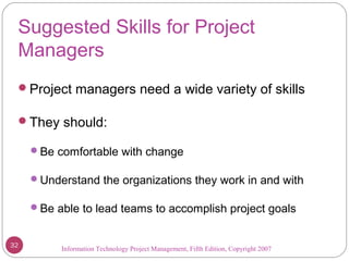 Information Technology Project Management, Fifth Edition, Copyright 2007
Suggested Skills for Project
Managers
Project managers need a wide variety of skills
They should:
Be comfortable with change
Understand the organizations they work in and with
Be able to lead teams to accomplish project goals
32
 