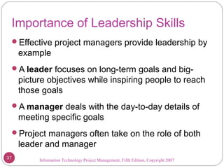 Information Technology Project Management, Fifth Edition, Copyright 2007
Importance of Leadership Skills
Effective project managers provide leadership by
example
A leader focuses on long-term goals and big-
picture objectives while inspiring people to reach
those goals
A manager deals with the day-to-day details of
meeting specific goals
Project managers often take on the role of both
leader and manager
37
 