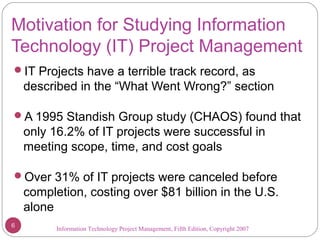 Information Technology Project Management, Fifth Edition, Copyright 2007
Motivation for Studying Information
Technology (IT) Project Management
IT Projects have a terrible track record, as
described in the “What Went Wrong?” section
A 1995 Standish Group study (CHAOS) found that
only 16.2% of IT projects were successful in
meeting scope, time, and cost goals
Over 31% of IT projects were canceled before
completion, costing over $81 billion in the U.S.
alone
6
 