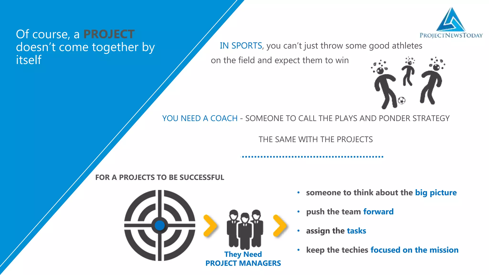 IN SPORTS, you can’t just throw some good athletes
on the field and expect them to win
Of course, a PROJECT
doesn’t come together by
itself
YOU NEED A COACH - SOMEONE TO CALL THE PLAYS AND PONDER STRATEGY
THE SAME WITH THE PROJECTS
FOR A PROJECTS TO BE SUCCESSFUL
• someone to think about the big picture
They Need
PROJECT MANAGERS
• push the team forward
• assign the tasks
• keep the techies focused on the mission
 