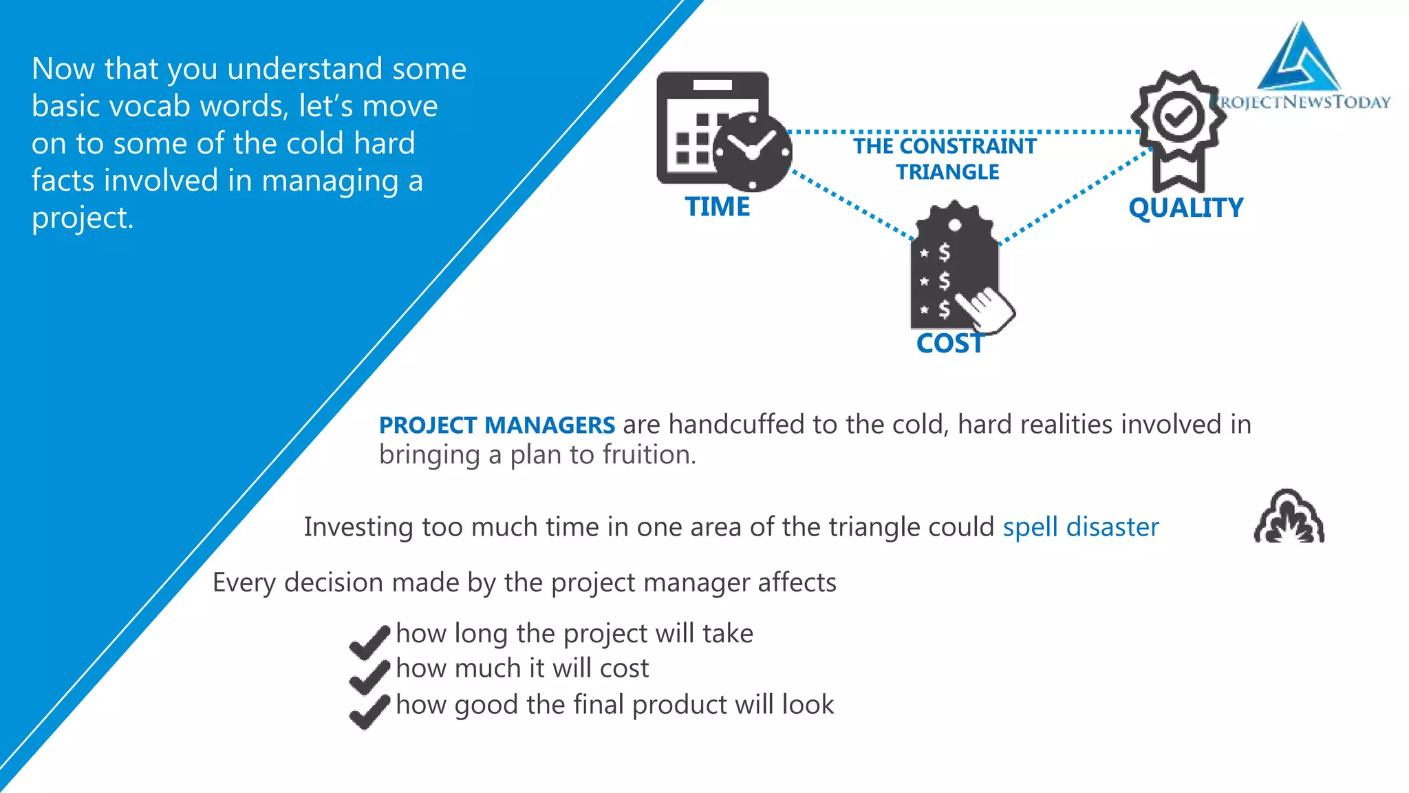 Investing too much time in one area of the triangle could spell disaster
Now that you understand some
basic vocab words, let’s move
on to some of the cold hard
facts involved in managing a
project. TIME
COST
QUALITY
THE CONSTRAINT
TRIANGLE
bringing a plan to fruition.
PROJECT MANAGERS are handcuffed to the cold, hard realities involved in
Every decision made by the project manager affects
how long the project will take
how much it will cost
how good the final product will look
 