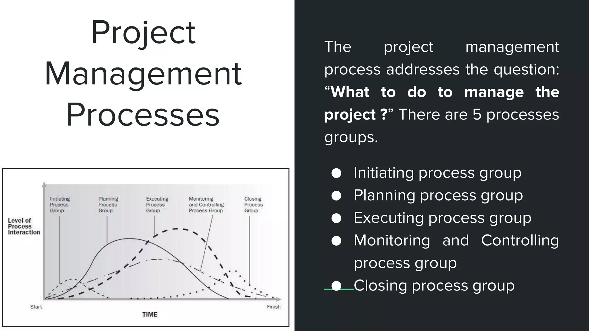 Project
Management
Processes
The project management
process addresses the question:
“What to do to manage the
project ?” There are 5 processes
groups.
● Initiating process group
● Planning process group
● Executing process group
● Monitoring and Controlling
process group
● Closing process group
 
