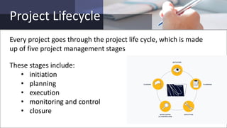 Project Lifecycle
Every project goes through the project life cycle, which is made
up of five project management stages
These stages include:
• initiation
• planning
• execution
• monitoring and control
• closure
 