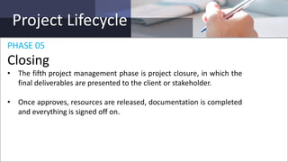 Project Lifecycle
PHASE 05
Closing
• The fifth project management phase is project closure, in which the
final deliverables are presented to the client or stakeholder.
• Once approves, resources are released, documentation is completed
and everything is signed off on.
 