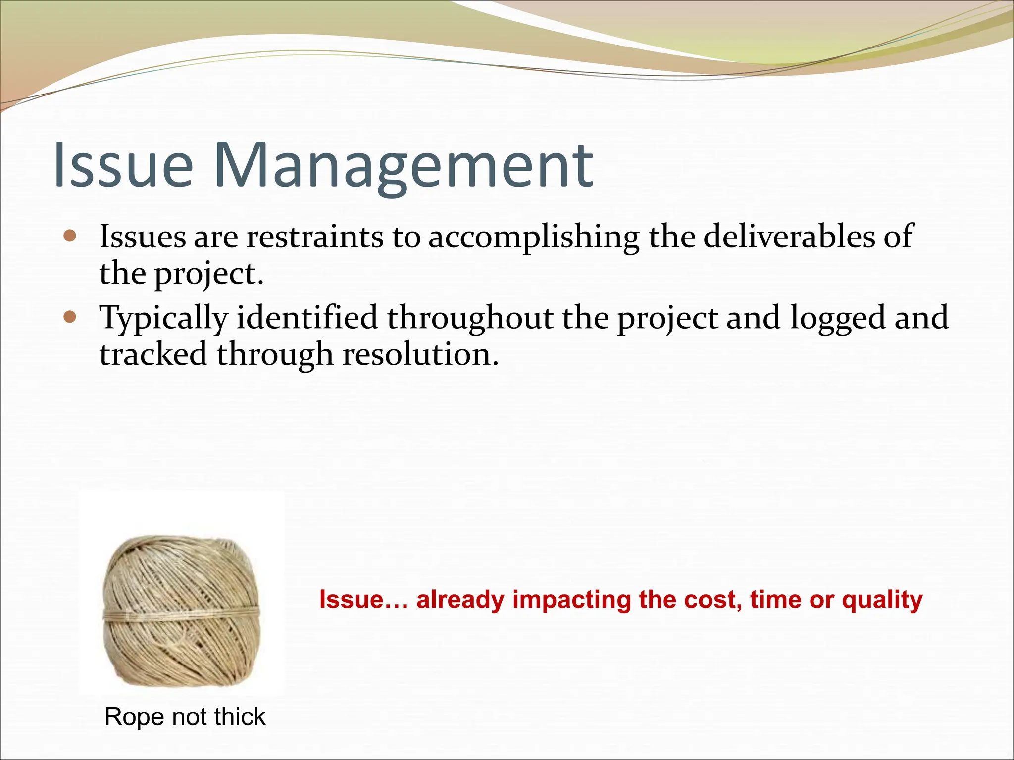 Issue Management
 Issues are restraints to accomplishing the deliverables of
the project.
 Typically identified throughout the project and logged and
tracked through resolution.
Rope not thick
Issue… already impacting the cost, time or quality
 