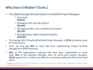 • The Global Average (Annual) Salaries of Qualified Project Managers:
• Entry-level:
$54,953
• Managing small, low-risk projects:
$65,818
• Managing medium-size, moderate-risk projects:
$81,520
• Managing large, highly integrated projects:
$103,047
• The Average ROI of Qualified/Certified Project Managers is 375% (Including salary
& Training costs).
• Firms say they get 26% or more ROI from implementing Project Portfolio
Management (PPM) Processes.
• 83% of PM organizations reported that they were understaffed at some
level. 44% of the reported shortages were for senior-level project managers.
89.4% report that it is either very difficult or somewhat difficult to find senior-level
talent.
Why Does it Matter? (Cont.)
6
Sources: Harvard Business Reviews, McKinsey & Company, Pricewaterhouse Coopers, Project Management Institute, KPMG,
PM Solutions, the Access Group.
 