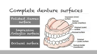 Complete denture surfaces
Polished /cameo
surface
Impression
/intaglio surface
Occlusal surface
 