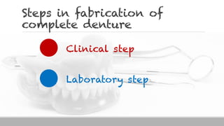 Steps in fabrication of
complete denture
Laboratory step
Clinical step
 