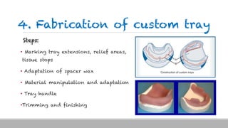 4. Fabrication of custom tray
Steps:
• Marking tray extensions, relief areas,
tissue stops
• Adaptation of spacer wax
• Material manipulation and adaptation
• Tray handle
•Trimming and finishing
 
