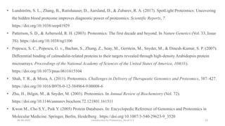 06-04-2022 Introduction to Proteomics_Shryli K S 22
• Lundström, S. L., Zhang, B., Rutishauser, D., Aarsland, D., & Zubarev, R. A. (2017). SpotLight Proteomics: Uncovering
the hidden blood proteome improves diagnostic power of proteomics. Scientific Reports, 7.
https://doi.org/10.1038/srep41929
• Patterson, S. D., & Aebersold, R. H. (2003). Proteomics: The first decade and beyond. In Nature Genetics (Vol. 33, Issue
3S). https://doi.org/10.1038/ng1106
• Popescu, S. C., Popescu, G. v., Bachan, S., Zhang, Z., Seay, M., Gerstein, M., Snyder, M., & Dinesh-Kumar, S. P. (2007).
Differential binding of calmodulin-related proteins to their targets revealed through high-density Arabidopsis protein
microarrays. Proceedings of the National Academy of Sciences of the United States of America, 104(11).
https://doi.org/10.1073/pnas.0611615104
• Shah, T. R., & Misra, A. (2011). Proteomics. Challenges in Delivery of Therapeutic Genomics and Proteomics, 387–427.
https://doi.org/10.1016/B978-0-12-384964-9.00008-6
• Zhu, H., Bilgin, M., & Snyder, M. (2003). Proteomics. In Annual Review of Biochemistry (Vol. 72).
https://doi.org/10.1146/annurev.biochem.72.121801.161511
• Kwon M., Cho S.Y., Paik Y. (2005) Protein Databases. In: Encyclopedic Reference of Genomics and Proteomics in
Molecular Medicine. Springer, Berlin, Heidelberg . https://doi.org/10.1007/3-540-29623-9_3520
 