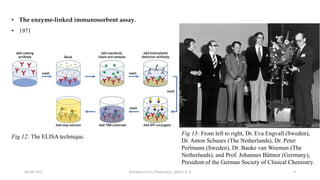 06-04-2022 Introduction to Proteomics_Shryli K S 9
• The enzyme-linked immunosorbent assay.
Fig 13: From left to right, Dr. Eva Engvall (Sweden),
Dr. Anton Schuurs (The Netherlands), Dr. Peter
Perlmann (Sweden), Dr. Bauke van Weemen (The
Netherlands), and Prof. Johannes Büttner (Germany),
President of the German Society of Clinical Chemistry.
• 1971
Fig 12: The ELISA technique.
 