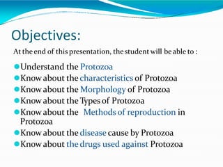 Objectives:
At theend of this presentation, thestudentwill beable to :
⚫Understand the Protozoa
⚫Know about the characteristics of Protozoa
⚫Know about the Morphology of Protozoa
⚫Know about the Types of Protozoa
⚫Know about the Methods of reproduction in
Protozoa
⚫Know about the disease cause by Protozoa
⚫Know about the drugs used against Protozoa
 