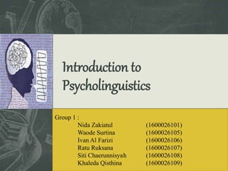 Introduction to
Psycholinguistics
SubtitleGroup 1 :
Nida Zakiatul (1600026101)
Waode Surtina (1600026105)
Ivan Al Farizi (1600026106)
Ratu Ruksana (1600026107)
Siti Chaerunnisyah (1600026108)
Khaleda Qisthina (1600026109)
 