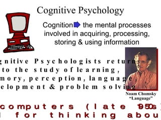 Cognitive Psychology Noam Chomsky “ Language” Advent of computers (late 1950s) provides a new model for thinking about the mind Cognitive Psychologists return to the study of learning, memory, perception, language, development & problem solving   Cognition  the mental processes involved in acquiring, processing, storing & using information 