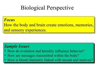 Biological Perspective Focus How the body and brain create emotions, memories, and sensory experiences. Sample Issues How do evolution and heredity influence behavior? How are messages transmitted within the body? How is blood chemistry linked with moods and motives? 