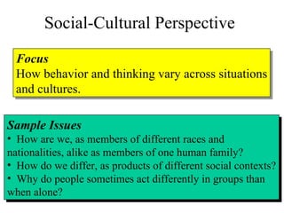 Social-Cultural Perspective Focus How behavior and thinking vary across situations and cultures. Sample Issues How are we, as members of different races and nationalities, alike as members of one human family? How do we differ, as products of different social contexts? Why do people sometimes act differently in groups than when alone? 