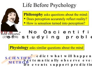 Life Before Psychology Predict what will happen Systematically observe events Do events support predictions René Descartes (1596-1650) Philosophy  asks questions about the mind: Does perception accurately reflect reality? How is sensation turned into perception? Problem  - No “scientific” way of studying problems Physiology  asks similar questions about the mind SCIENTIFIC METHOD 