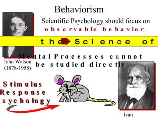 Behaviorism Scientific Psychology should focus on observable behavior . John Watson (1878-1958) Ivan Pavlov Stimulus Response Psychology Mental Processes cannot be studied directly Psych  the Science of Behavior 