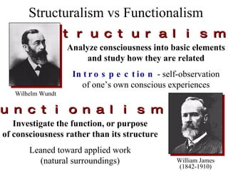 Structuralism vs Functionalism William James (1842-1910) Analyze consciousness into basic elements and study how they are related Introspection  - self-observation of one’s own conscious experiences Investigate the function, or purpose of consciousness rather than its structure Leaned toward applied work (natural surroundings) Structuralism Functionalism Wilhelm Wundt 