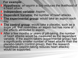 For example: Hypothesis :  an aspirin a day reduces the likelihood of a heart attack.  Independent variable :  Aspirin  Dependent Variable:  the number of heart attacks.  The experimental group :  would take an aspirin each day The control group :  would take a placebo, such as a sugar pill, that resembles an aspirin but has none of the effects attributed to aspirin.  After a few months or years of pill-taking, the number of heart attacks would be measured as the dependent variable. If the aspirin-takers (experimental group) had a significantly smaller number of heart attacks than the placebo-takers (control group), then the research hypothesis (aspirin-taking reduces heart attacks) would be supported.  