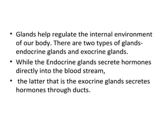 • Glands help regulate the internal environment
of our body. There are two types of glands-
endocrine glands and exocrine ...