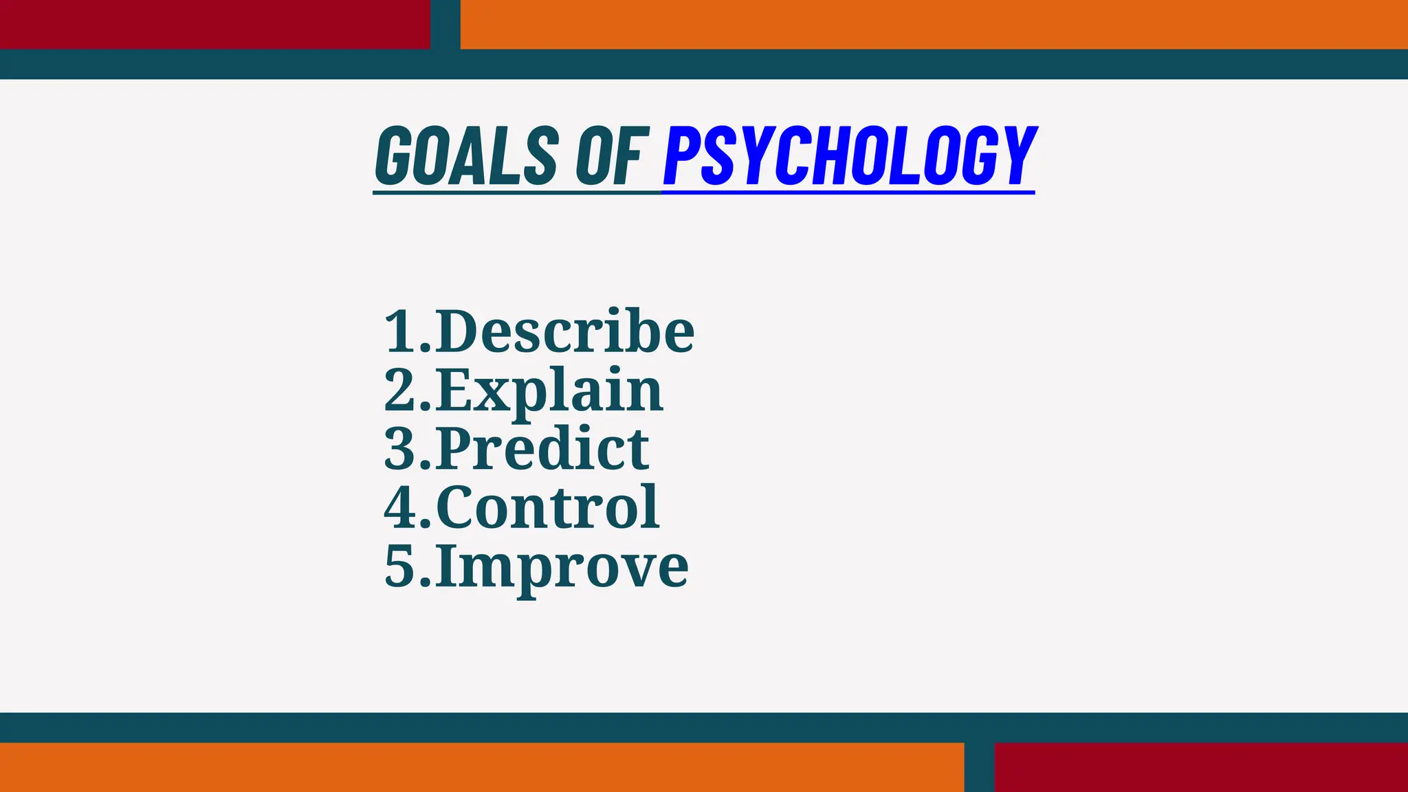 1.Describe
2.Explain
3.Predict
4.Control
5.Improve
GOALS OF PSYCHOLOGY
 