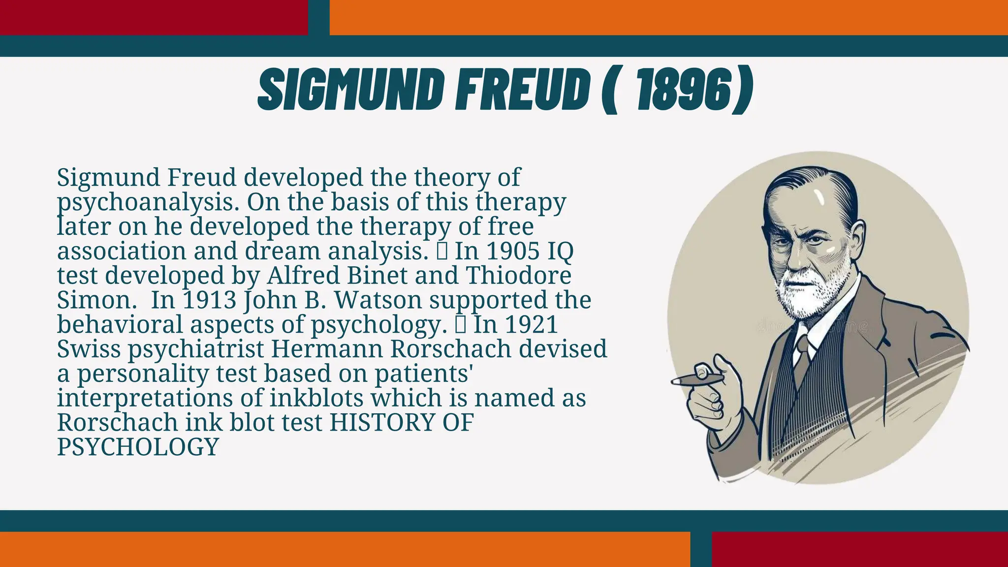 SIGMUND FREUD ( 1896)
Sigmund Freud developed the theory of
psychoanalysis. On the basis of this therapy
later on he developed the therapy of free
association and dream analysis. In 1905 IQ
test developed by Alfred Binet and Thiodore
Simon. In 1913 John B. Watson supported the
behavioral aspects of psychology. In 1921
Swiss psychiatrist Hermann Rorschach devised
a personality test based on patients'
interpretations of inkblots which is named as
Rorschach ink blot test HISTORY OF
PSYCHOLOGY
 