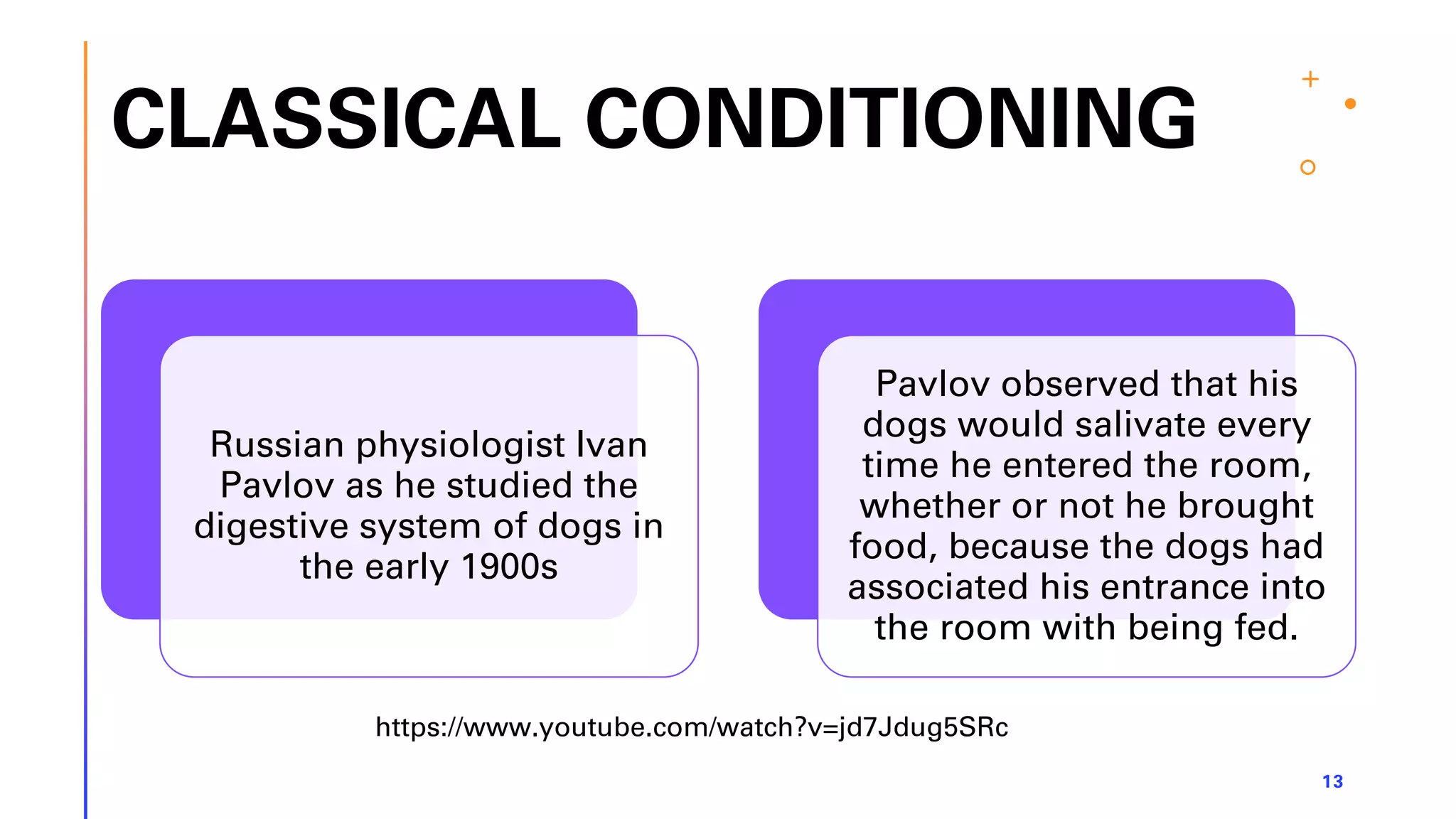 CLASSICAL CONDITIONING
13
Russian physiologist Ivan
Pavlov as he studied the
digestive system of dogs in
the early 1900s
Pavlov observed that his
dogs would salivate every
time he entered the room,
whether or not he brought
food, because the dogs had
associated his entrance into
the room with being fed.
https://www.youtube.com/watch?v=jd7Jdug5SRc
 