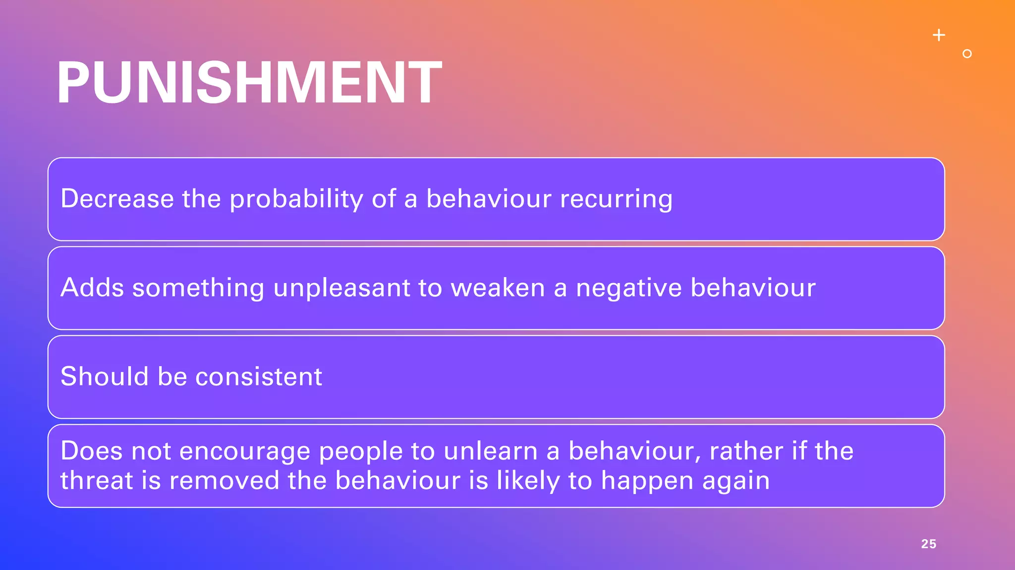 PUNISHMENT
Decrease the probability of a behaviour recurring
Adds something unpleasant to weaken a negative behaviour
Should be consistent
Does not encourage people to unlearn a behaviour, rather if the
threat is removed the behaviour is likely to happen again
25
 