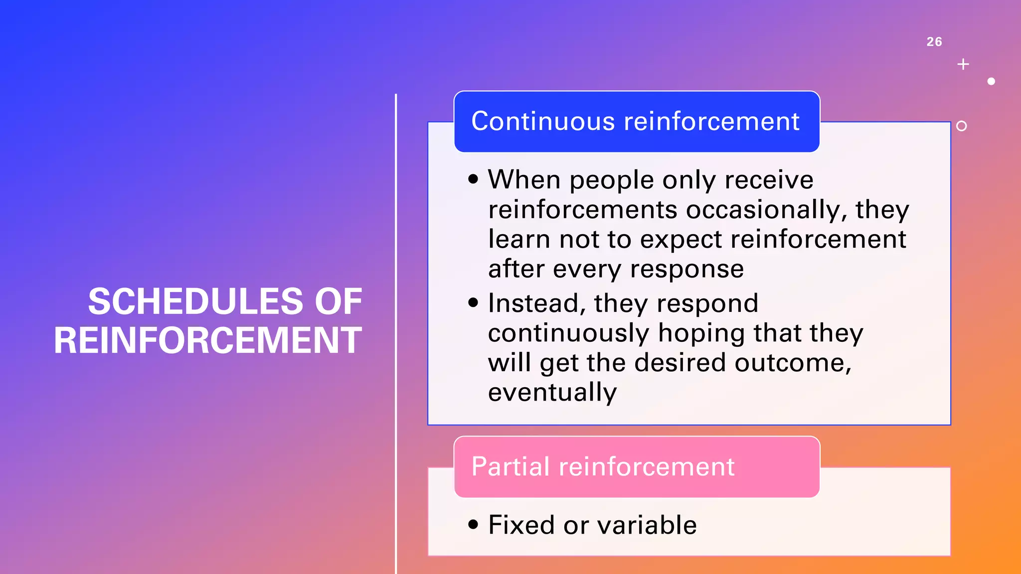 SCHEDULES OF
REINFORCEMENT
26
• When people only receive
reinforcements occasionally, they
learn not to expect reinforcement
after every response
• Instead, they respond
continuously hoping that they
will get the desired outcome,
eventually
Continuous reinforcement
• Fixed or variable
Partial reinforcement
 