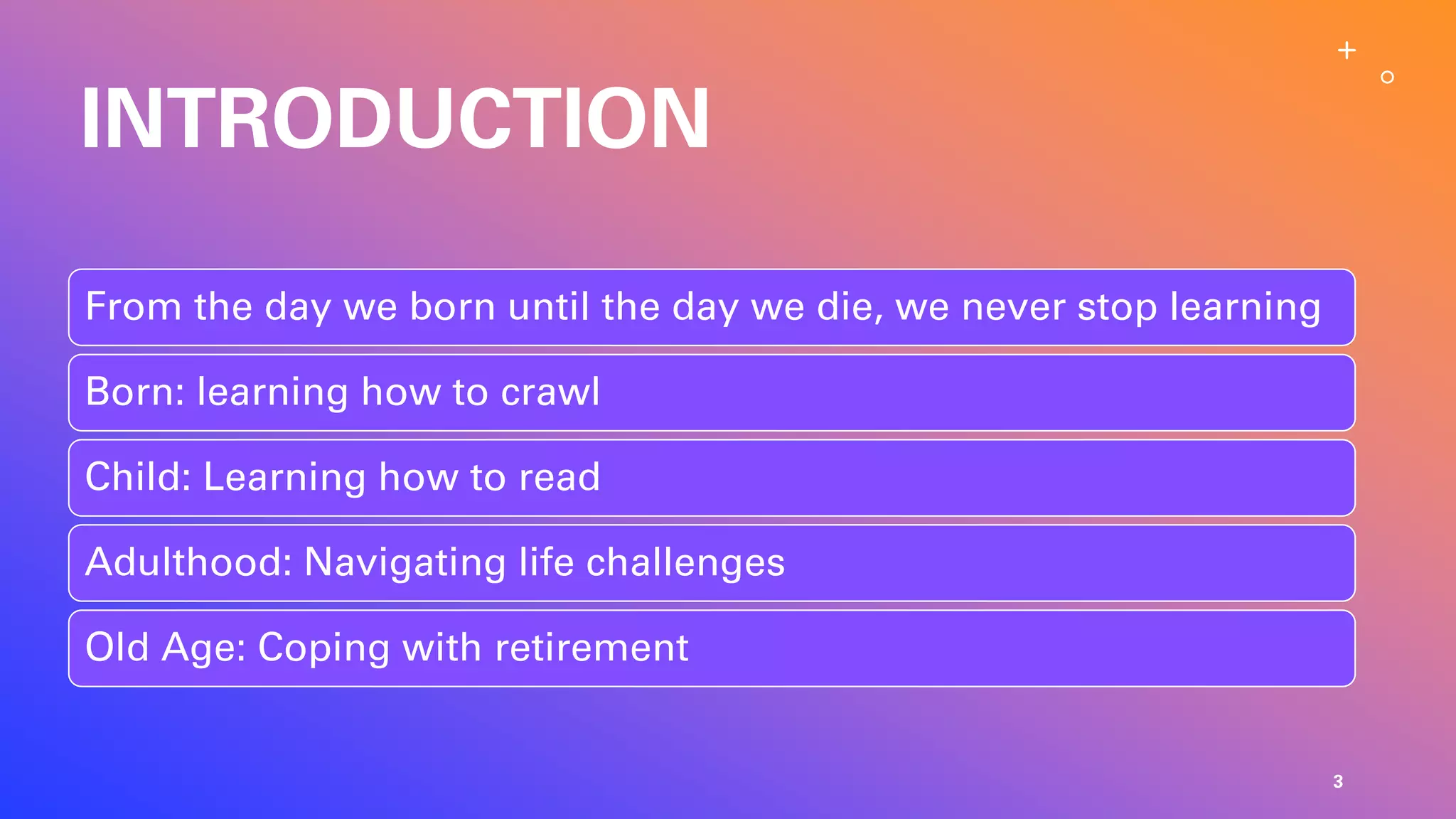 INTRODUCTION
From the day we born until the day we die, we never stop learning
Born: learning how to crawl
Child: Learning how to read
Adulthood: Navigating life challenges
Old Age: Coping with retirement
3
 
