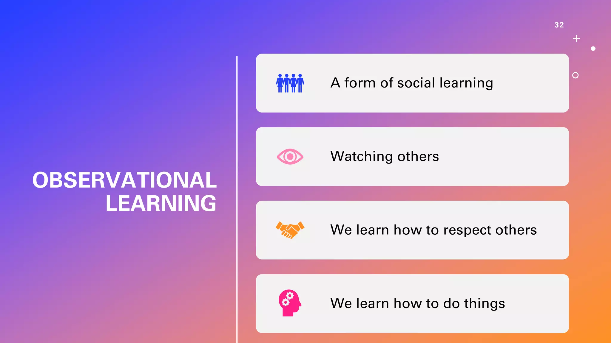 OBSERVATIONAL
LEARNING
32
A form of social learning
Watching others
We learn how to respect others
We learn how to do things
 