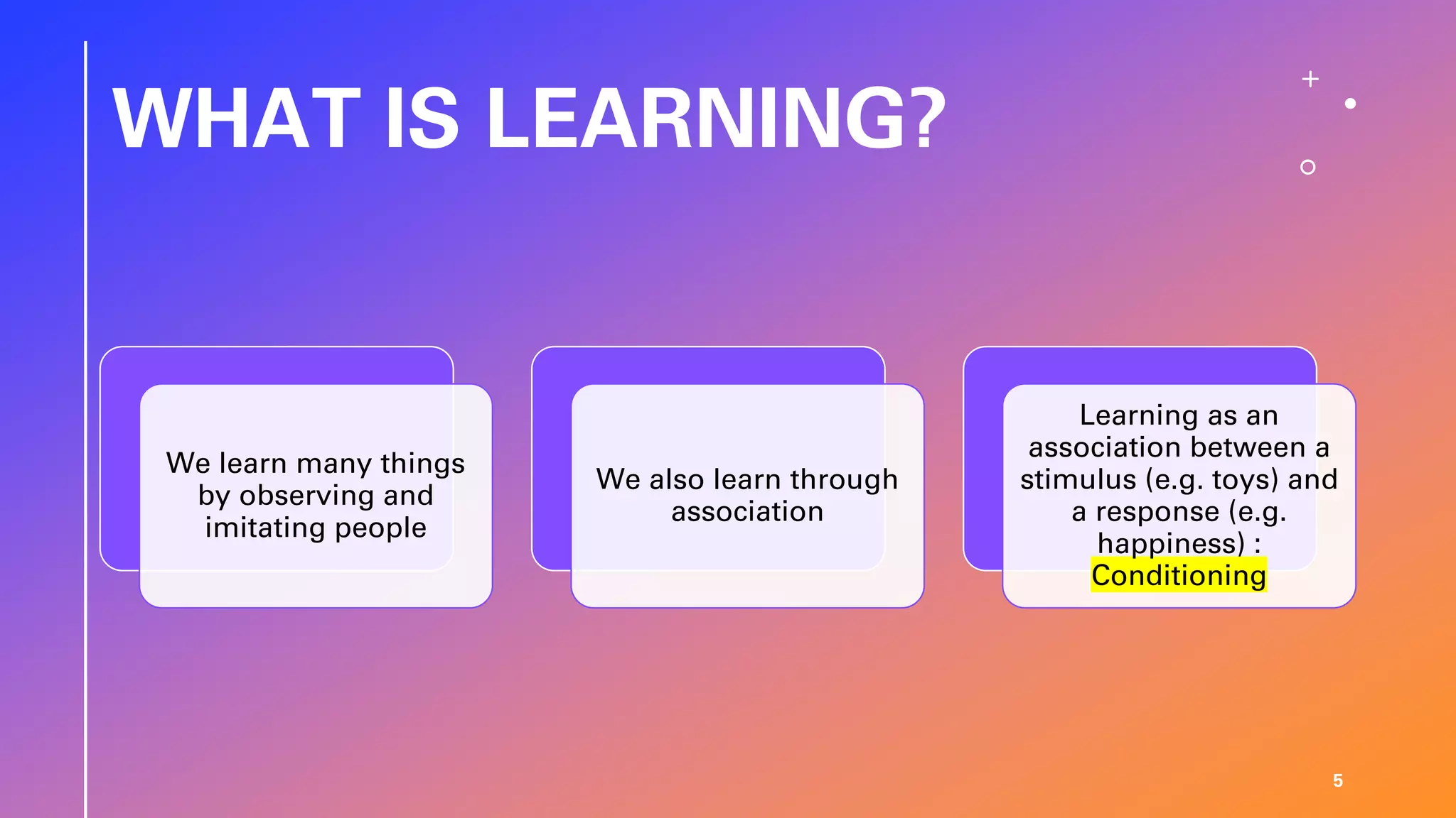 WHAT IS LEARNING?
5
We learn many things
by observing and
imitating people
We also learn through
association
Learning as an
association between a
stimulus (e.g. toys) and
a response (e.g.
happiness) :
Conditioning
 
