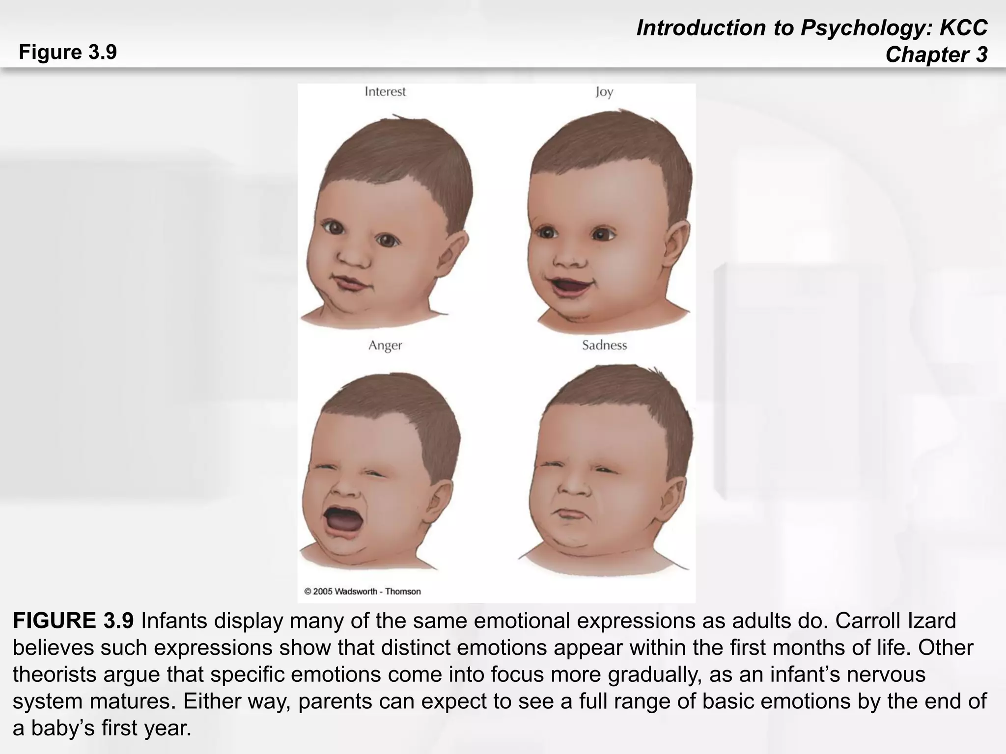 Introduction to Psychology: KCC
Chapter 3Figure 3.9
FIGURE 3.9 Infants display many of the same emotional expressions as adults do. Carroll Izard
believes such expressions show that distinct emotions appear within the first months of life. Other
theorists argue that specific emotions come into focus more gradually, as an infant’s nervous
system matures. Either way, parents can expect to see a full range of basic emotions by the end of
a baby’s first year.
 