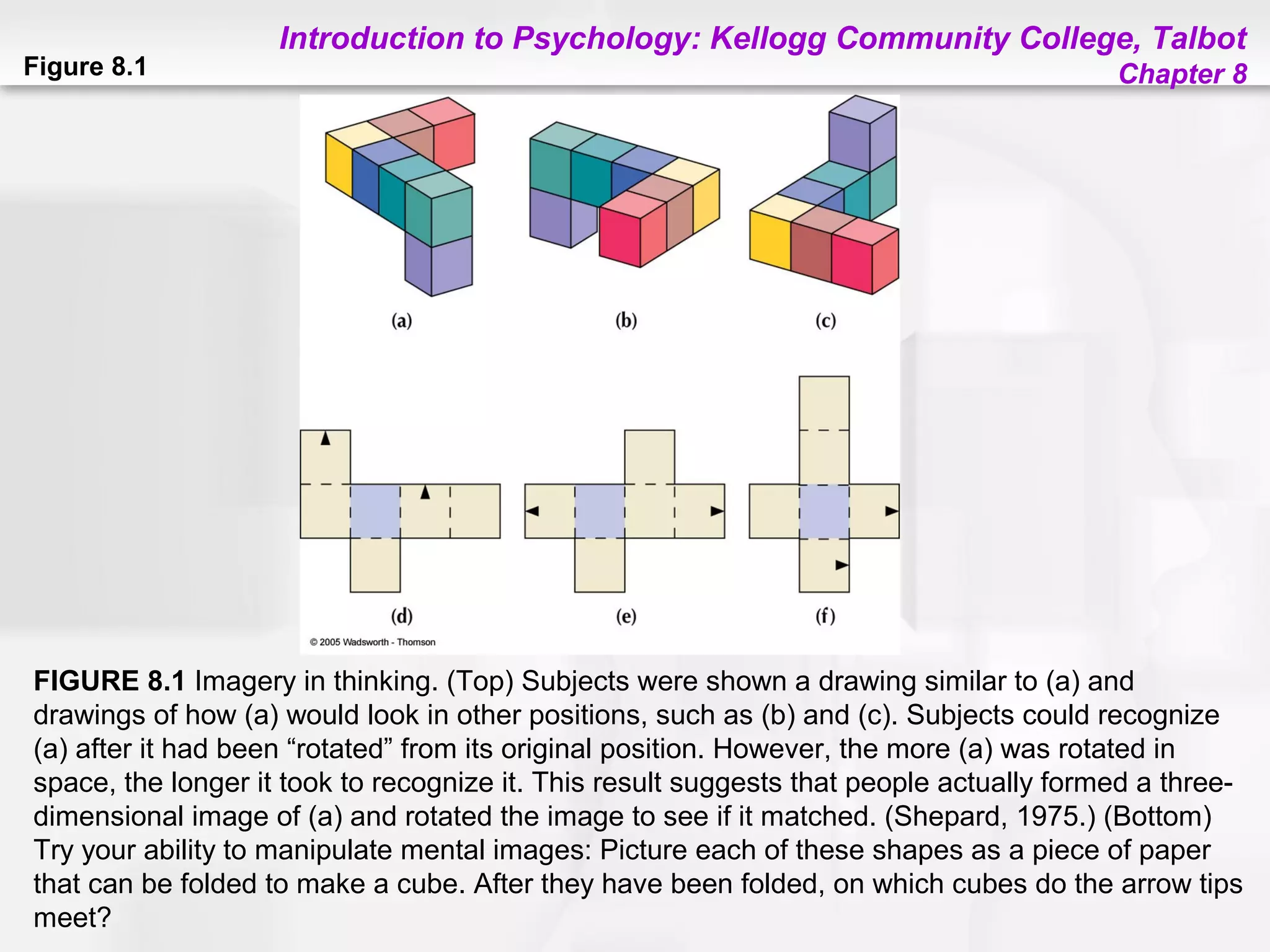 Introduction to Psychology: Kellogg Community College, Talbot
Chapter 8Figure 8.1
FIGURE 8.1 Imagery in thinking. (Top) Subjects were shown a drawing similar to (a) and
drawings of how (a) would look in other positions, such as (b) and (c). Subjects could recognize
(a) after it had been “rotated” from its original position. However, the more (a) was rotated in
space, the longer it took to recognize it. This result suggests that people actually formed a three-
dimensional image of (a) and rotated the image to see if it matched. (Shepard, 1975.) (Bottom)
Try your ability to manipulate mental images: Picture each of these shapes as a piece of paper
that can be folded to make a cube. After they have been folded, on which cubes do the arrow tips
meet?
 