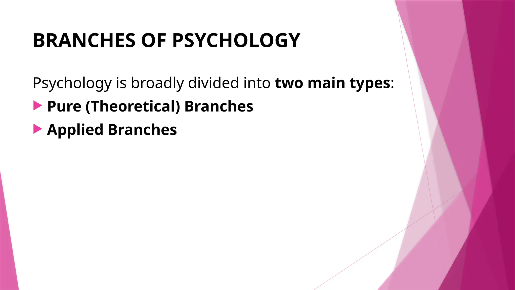 BRANCHES OF PSYCHOLOGY
Psychology is broadly divided into two main types:
 Pure (Theoretical) Branches
 Applied Branches
 