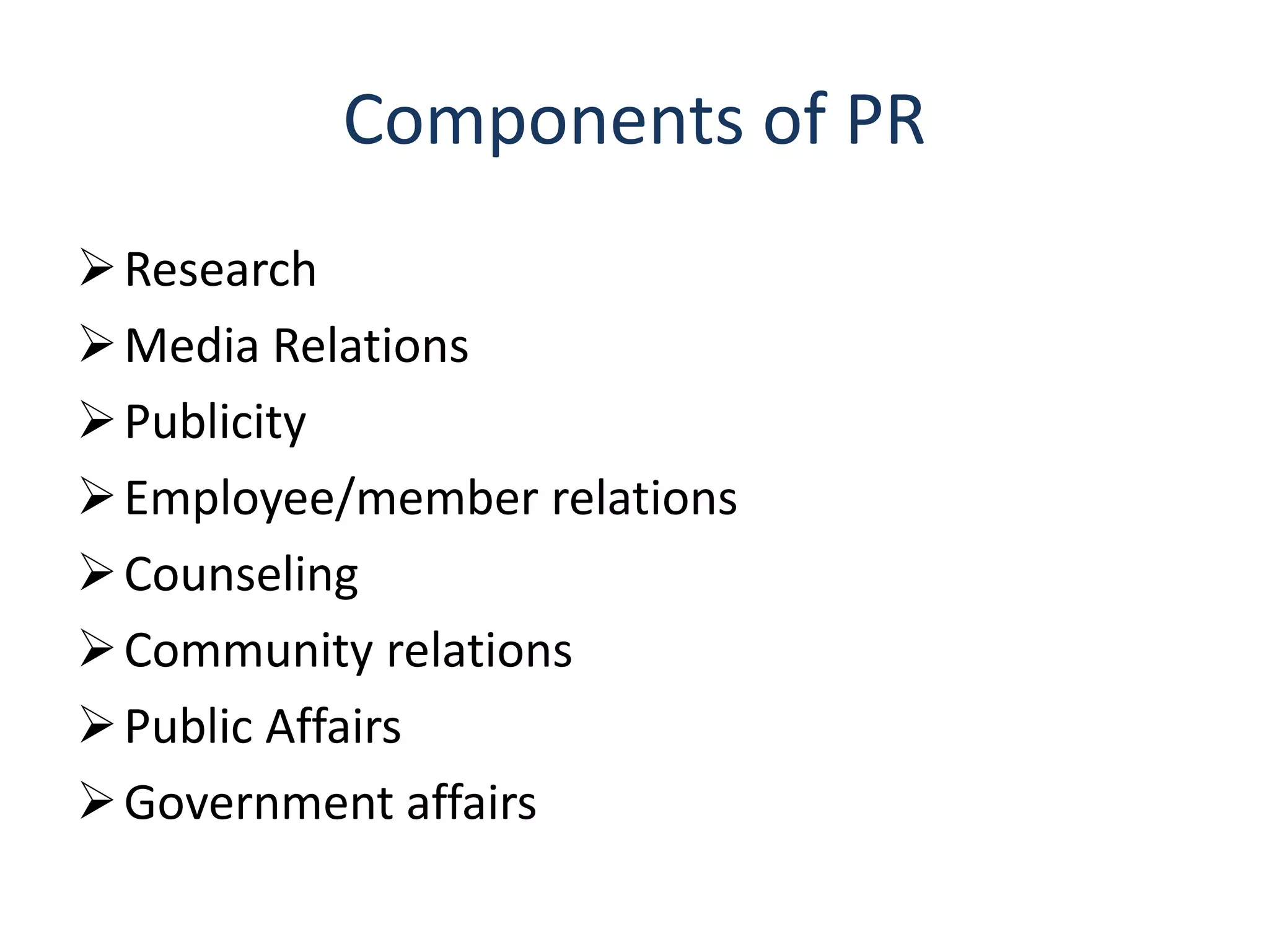 Components of PR
Research
Media Relations
Publicity
Employee/member relations
Counseling
Community relations
Public Affairs
Government affairs
 
