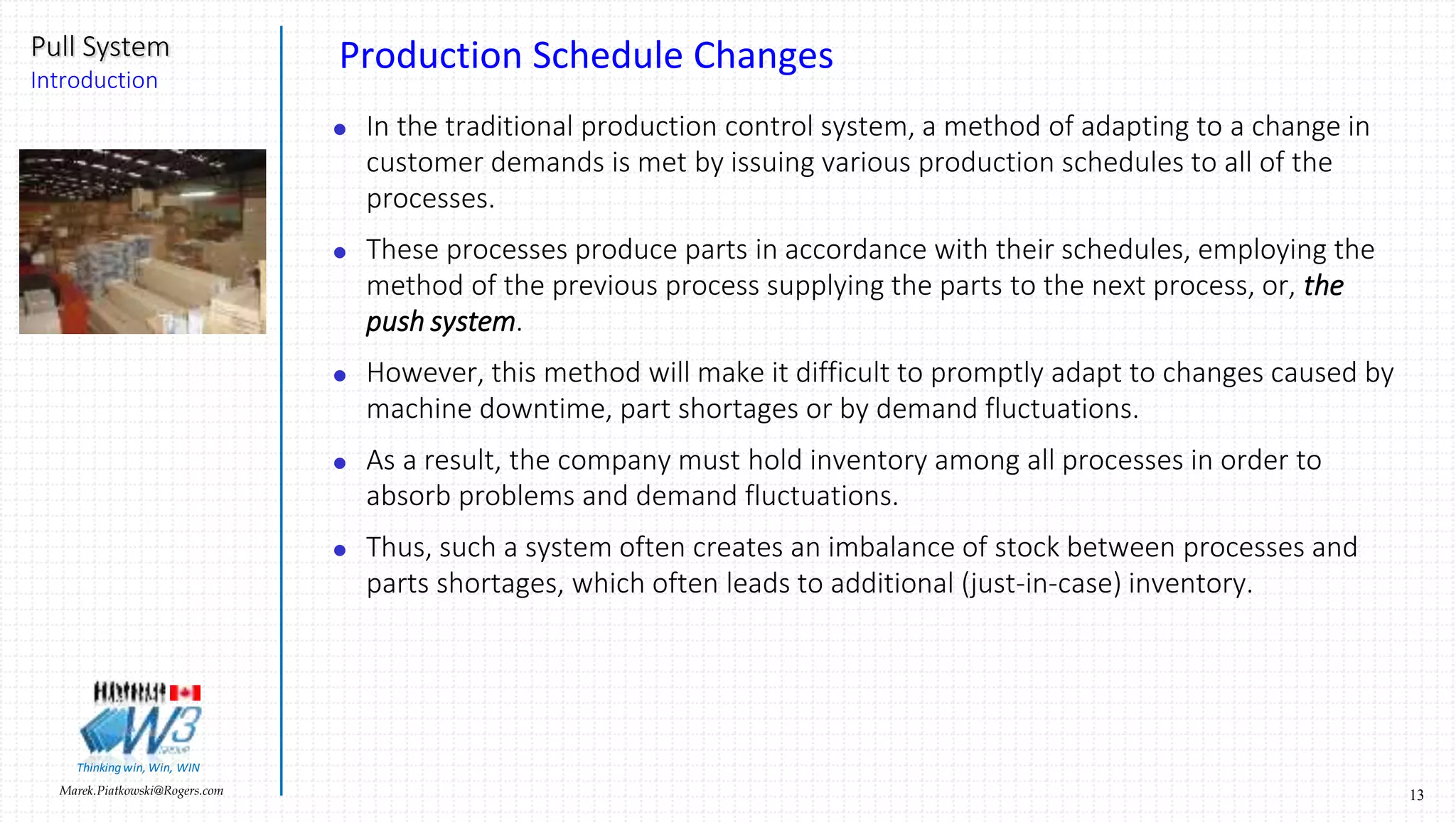 13Marek.Piatkowski@Rogers.com
Pull System
Introduction
Thinkingwin, Win, WIN
Production Schedule Changes
 In the traditional production control system, a method of adapting to a change in
customer demands is met by issuing various production schedules to all of the
processes.
 These processes produce parts in accordance with their schedules, employing the
method of the previous process supplying the parts to the next process, or, the
push system.
 However, this method will make it difficult to promptly adapt to changes caused by
machine downtime, part shortages or by demand fluctuations.
 As a result, the company must hold inventory among all processes in order to
absorb problems and demand fluctuations.
 Thus, such a system often creates an imbalance of stock between processes and
parts shortages, which often leads to additional (just-in-case) inventory.
 