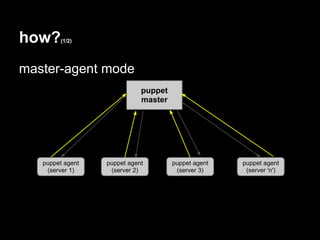 how?    (1/2)




master-agent mode
                             puppet
                             master




   puppet agent   puppet agent        puppet agent   puppet agent
    (server 1)     (server 2)          (server 3)     (server 'n')
 