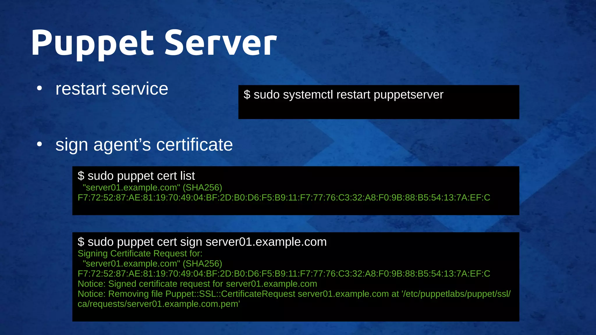 Puppet Server
●
restart service
●
sign agent’s certificate
$ sudo systemctl restart puppetserver
$ sudo puppet cert list
"server01.example.com" (SHA256)
F7:72:52:87:AE:81:19:70:49:04:BF:2D:B0:D6:F5:B9:11:F7:77:76:C3:32:A8:F0:9B:88:B5:54:13:7A:EF:C
$ sudo puppet cert sign server01.example.com
Signing Certificate Request for:
"server01.example.com" (SHA256)
F7:72:52:87:AE:81:19:70:49:04:BF:2D:B0:D6:F5:B9:11:F7:77:76:C3:32:A8:F0:9B:88:B5:54:13:7A:EF:C
Notice: Signed certificate request for server01.example.com
Notice: Removing file Puppet::SSL::CertificateRequest server01.example.com at '/etc/puppetlabs/puppet/ssl/
ca/requests/server01.example.com.pem’
 