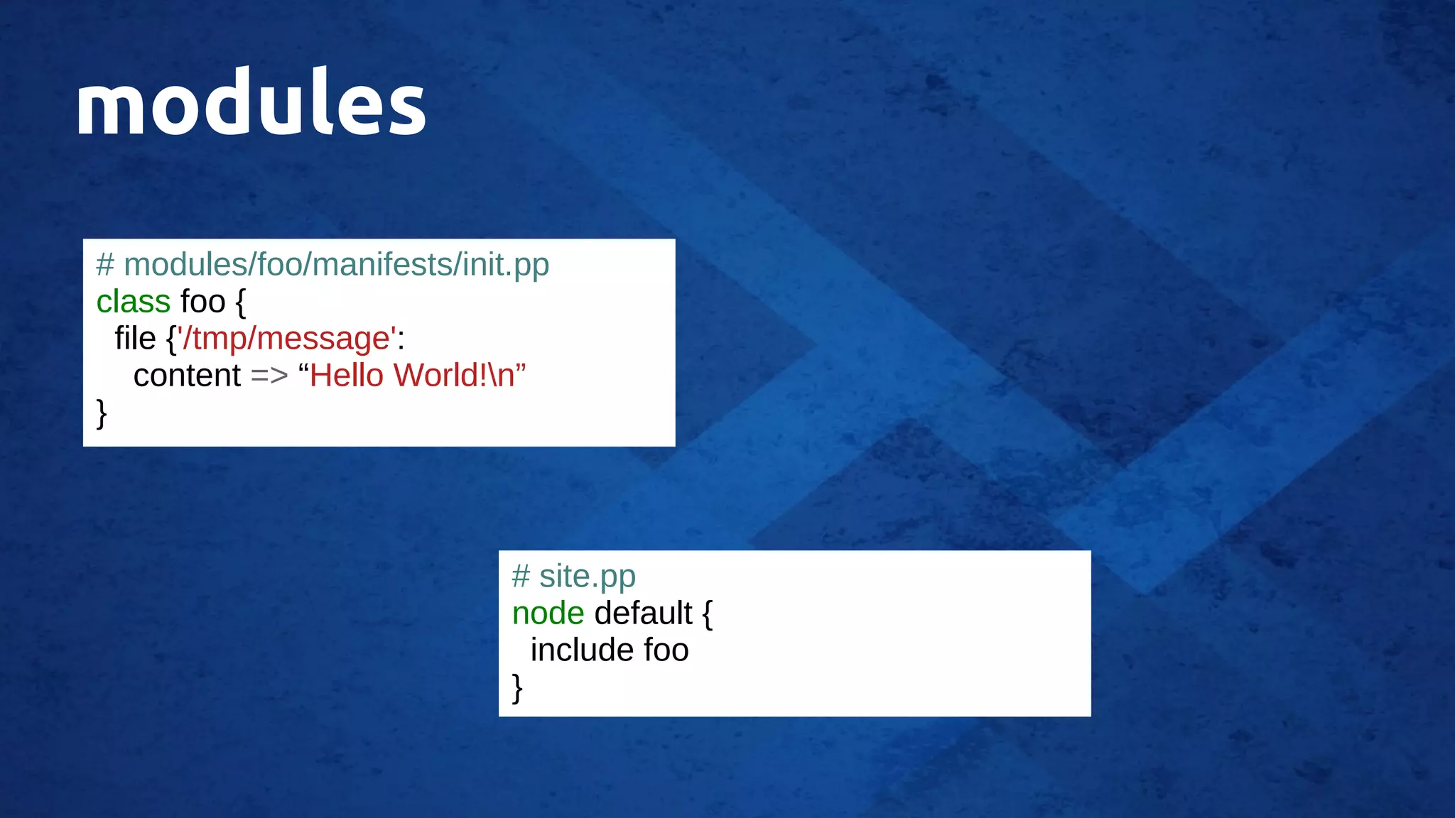 modules
# modules/foo/manifests/init.pp
class foo {
file {'/tmp/message':
content => “Hello World!n”
}
# site.pp
node default {
include foo
}
 